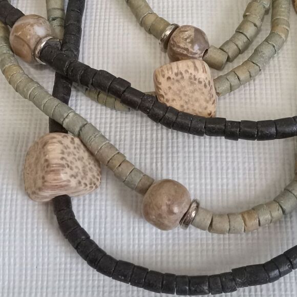Green & Black Multi Strand Wooden Beaded Layered Bohemian Style Fashion Necklace - Picture 3 of 10